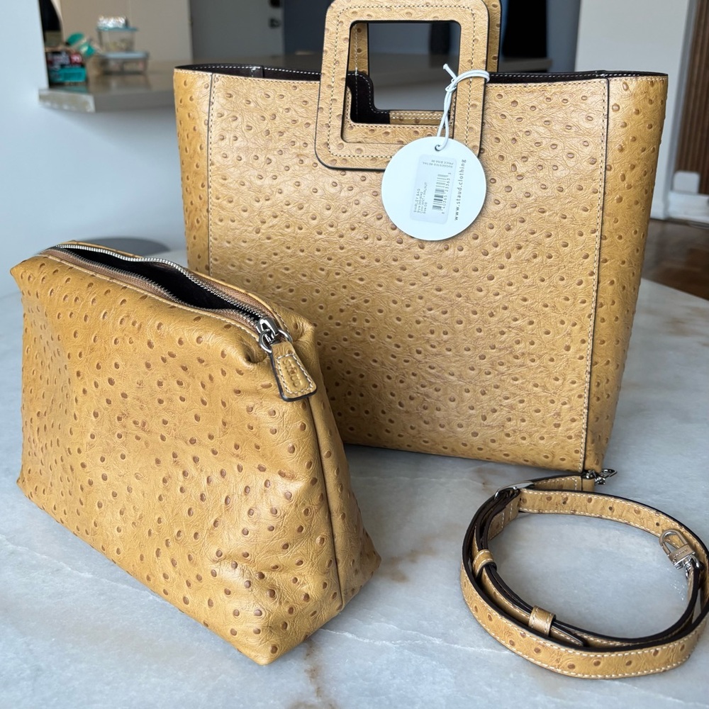 STAUD Tan Ostrich-Embossed Tote